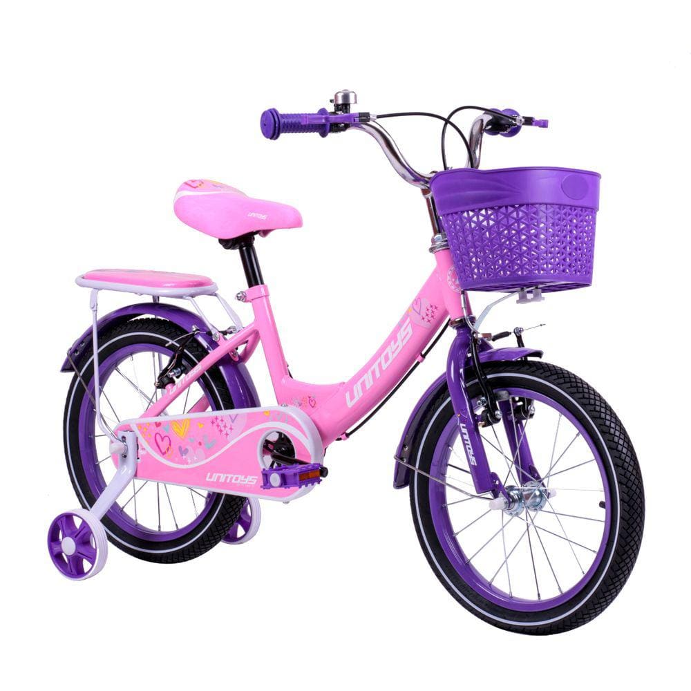 Bicicleta Infantil com rodinhas aro 16 cestinho e garupa de Menina Love Rosa