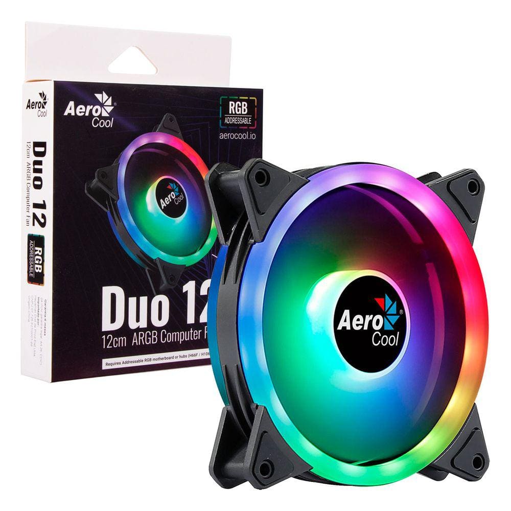 Cooler Fan Aerocool Duo 12, ARGB, 120mm, Cabo Adaptador de 6 Pinos, Preto