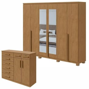 Conjunto de Guarda-roupa Alonzocom Espelho e Pés e com Cômoda Toronto Amêndoa Clean
