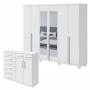 Conjunto de Guarda-roupa Alonzo com Pés e Espelho e com Cômoda Toronto Branco