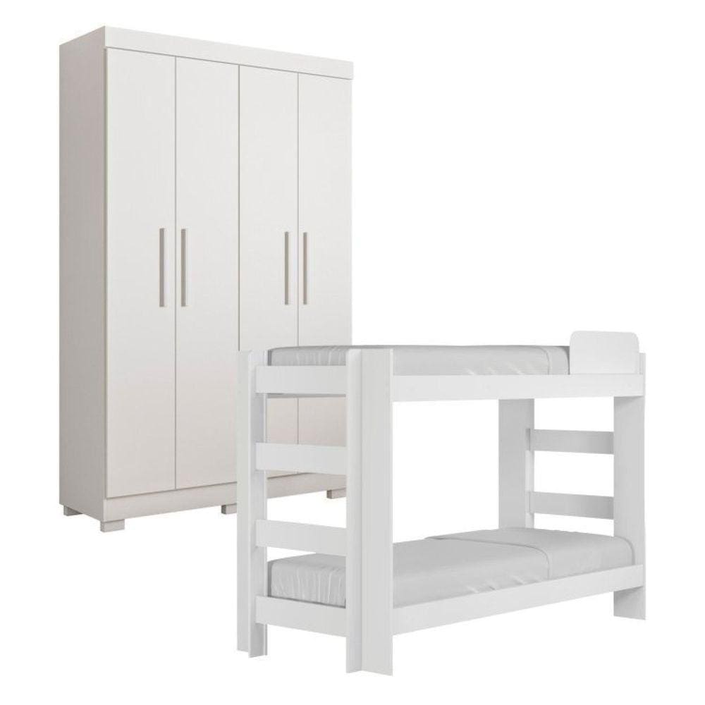 Quarto Infantil/Juvenil com Beliche Flórida e Guarda Roupa 4 Portas 3 Gavetas Flórida 100% MDF Branco