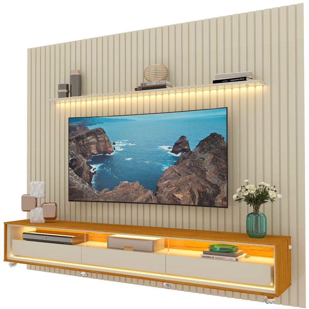 Rack com Painel Nobre 2.75 C/Rodízio Off White com Naturale - Gelius Móveis