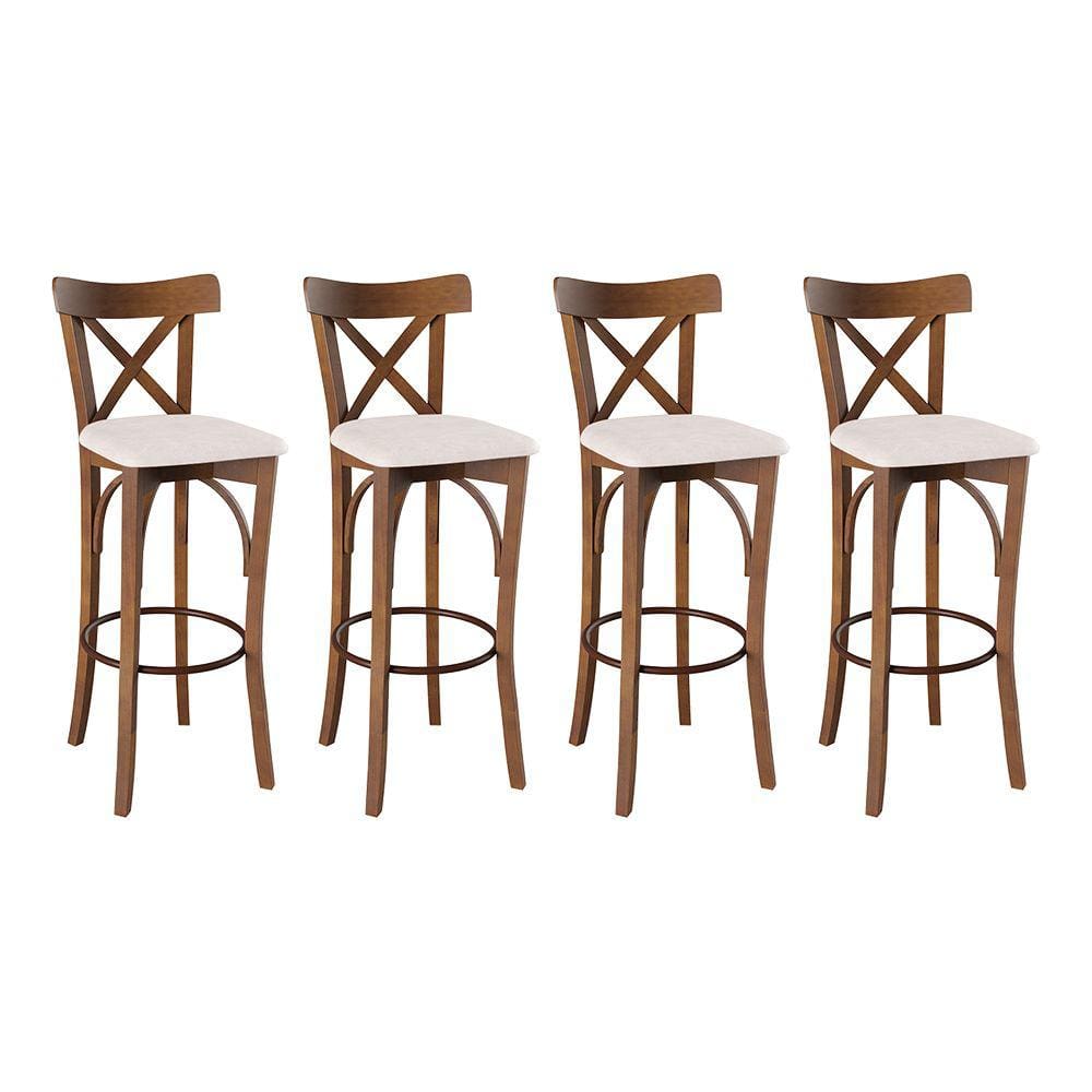 Conjunto 4 Banquetas Alta Merlim Imbuia Base em Madeira Maciça Assento Estofado Branco