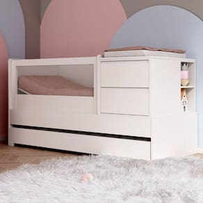 Berço Multifuncional com Cama Auxiliar Cômoda 2 Gavetas 2 Nicho Sol e Mar com Colchão Branco