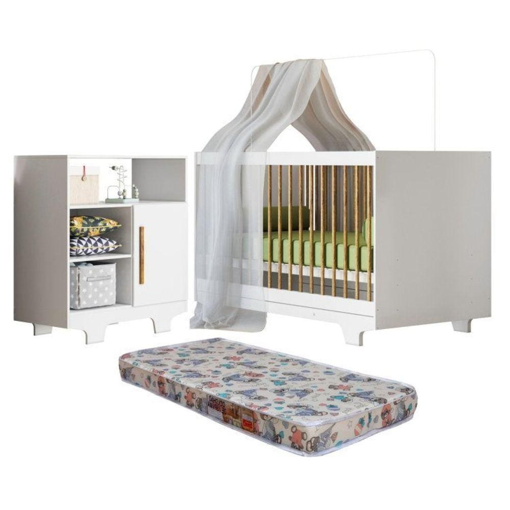 Quarto de Bebê com Berço Mini Cama com Colchão Flocos e Cômoda 100% Mdf 1 Porta 3 Prateleiras Flocos Branco
