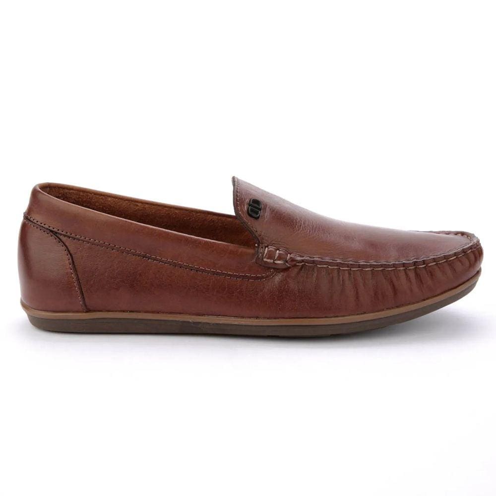 Mocassim Democrata Denim Tag Couro Marrom Tan Bico Redondo