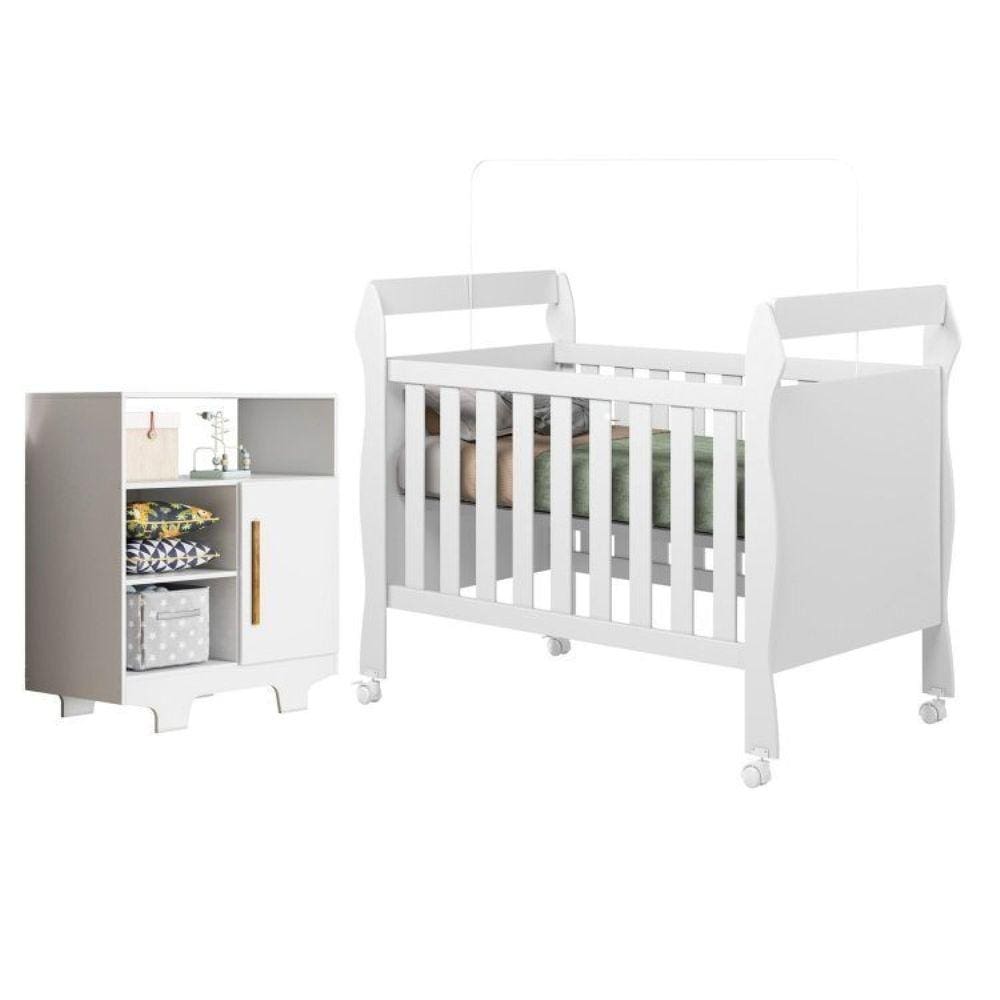 Quarto de Bebê com Berço Mini Cama Slim e Cômoda Infantil 100% Mdf 1 Porta 3 Prateleiras Flocos Branco