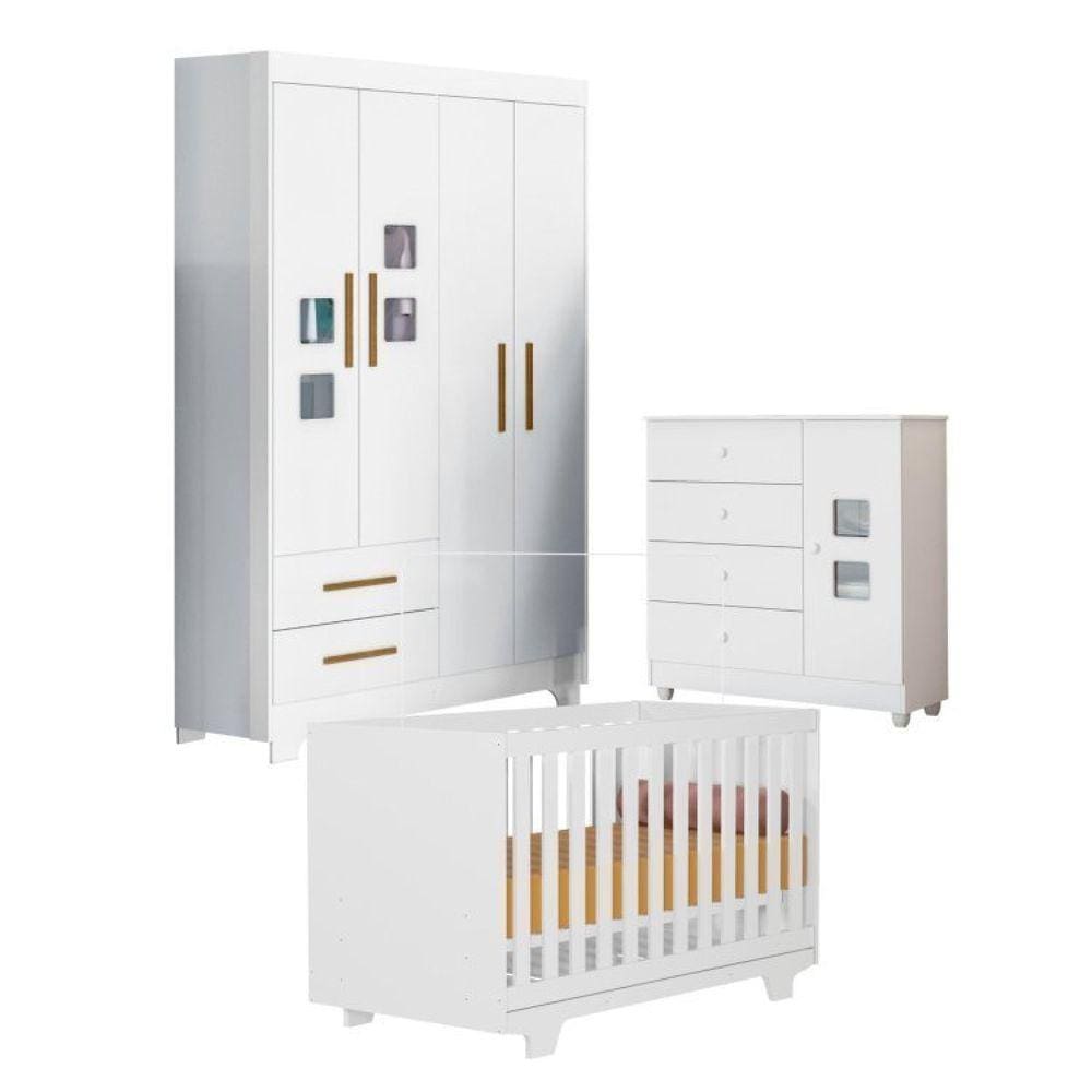 Quarto de Bebê com Berço Mini Cama, Cômoda 1 Porta 4 Gavetas e Roupeiro 4 Portas 2 Gavetas Fly Branco
