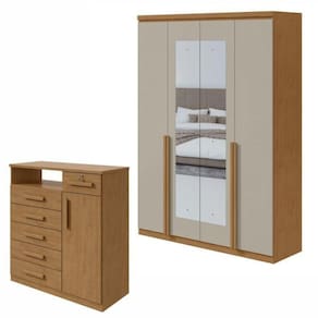 Conjunto de Guarda-Roupa Alonzo com espelho e Cômoda Da Vinci com Nicho Amêndoa Clean/Off White