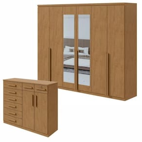 Conjunto de Guarda-Roupa Alonzo com espelho e Cômoda Toronto Amêndoa Clean