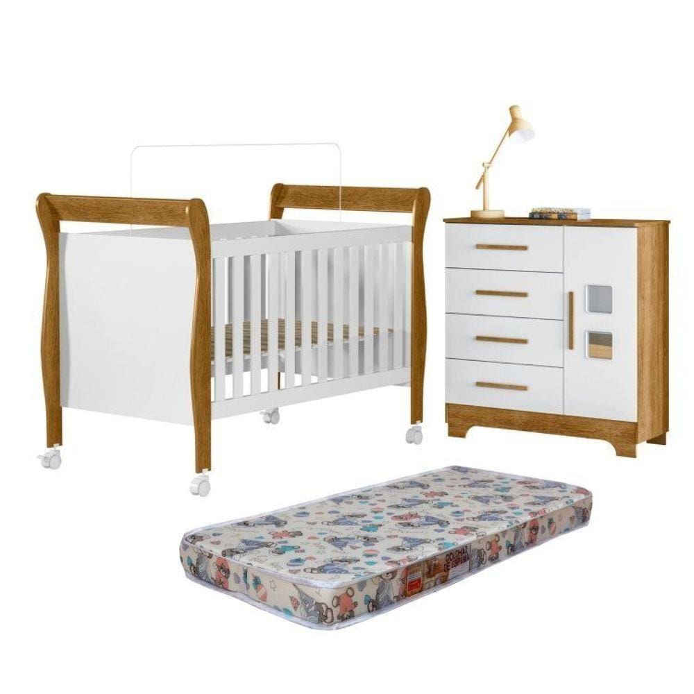 Quarto de Bebê com Berço Mini Cama 100% Mdf com Colchão Slim e Cômoda 4 Gavetas 1 Porta Fly 100% Mdf Branco/Madeirado Ypê