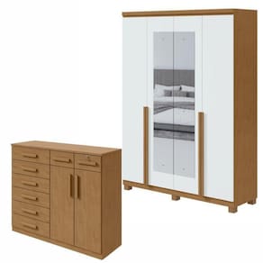 Conjunto de Guarda-Roupa Alonzo com espelho e pés e Cômoda Toronto Amêndoa Clean/Branco