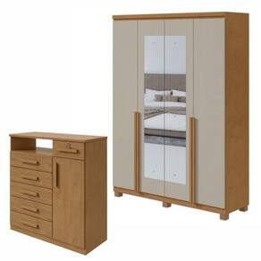 Conjunto de Guarda-Roupa Alonzo com espelho e pés com Cômoda Da Vinci Nicho Amêndoa Clean/Off White