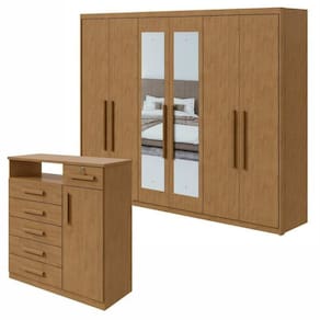 Conjunto de Guarda-Roupa 6 portas Áries com espelho e Cômoda Da Vinci com Nicho Amêndoa Clean