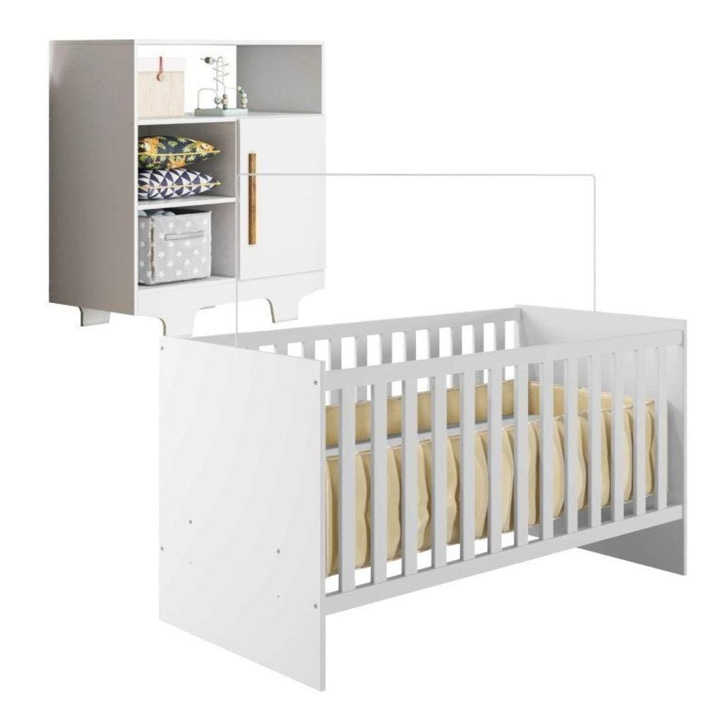 Quarto de Bebê com Berço com Suporte Mosquiteiro Life e Cômoda 100% Mdf 1 Porta 3 Prateleiras Flocos Branco