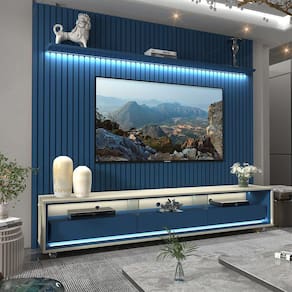 Rack com Painel Ripado para Tv até 85 Polegadas Led 3 Gavetas com Rodízios 230cm Naturale Azul Royal/Off White