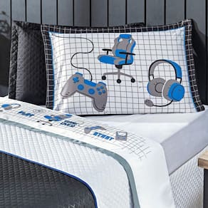 Jogo de Cama Game Streamer Branco/Azul CASAL PADRÃO 04 Peças - Percal 200 Fios