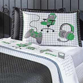 Jogo de Cama Game Streamer Branco/Verde QUEEN 04 Peças - Percal 200 Fios