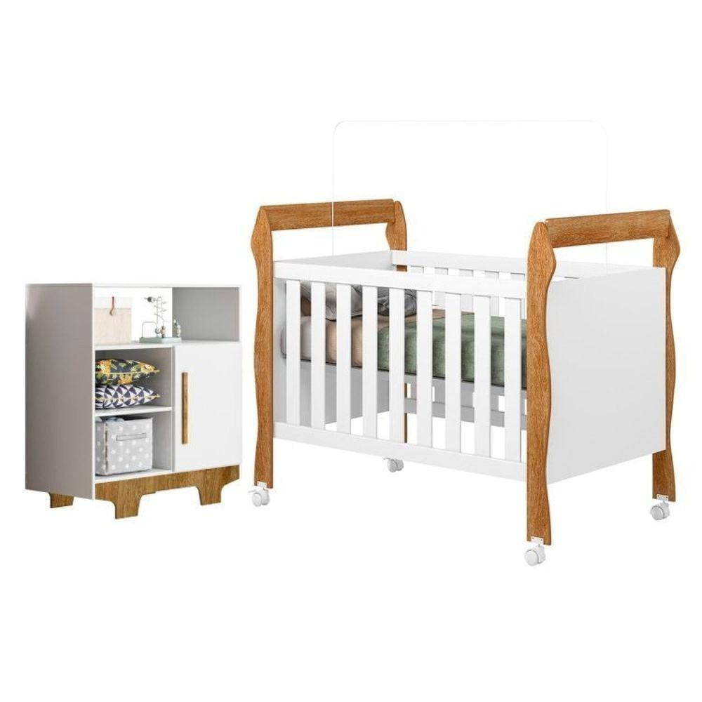 Quarto de Bebê com Berço Mini Cama 3 em 1 Soninho e Cômoda 100% Mdf 1 Porta 3 Prateleiras Flocos Branco/Madeirado Ypê