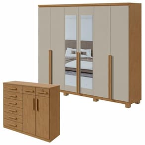 Conjunto de Guarda-Roupa Alonzo com espelho e pés e com Cômoda Toronto Amêndoa Clean/Off White