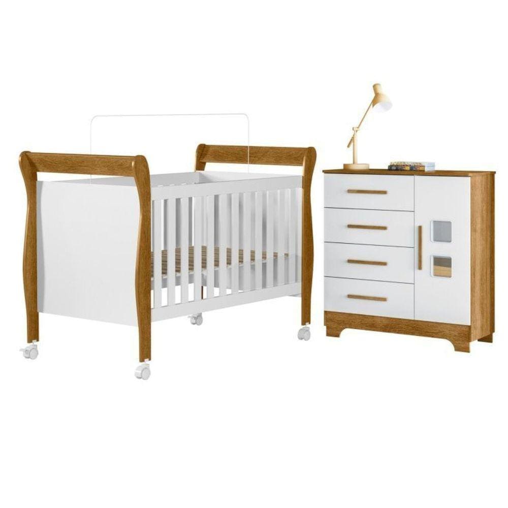 Quarto de Bebê com Berço Mini Cama 100% Mdf Slim e Cômoda 4 Gavetas 1 Porta Fly 100% Mdf Branco/Madeirado Ypê