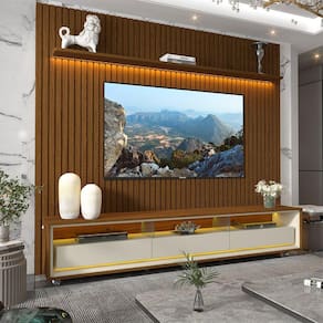 Rack com Painel Ripado para Tv até 85 Polegadas Led 3 Gavetas com Rodízios 230cm Naturale Castanho/Off White