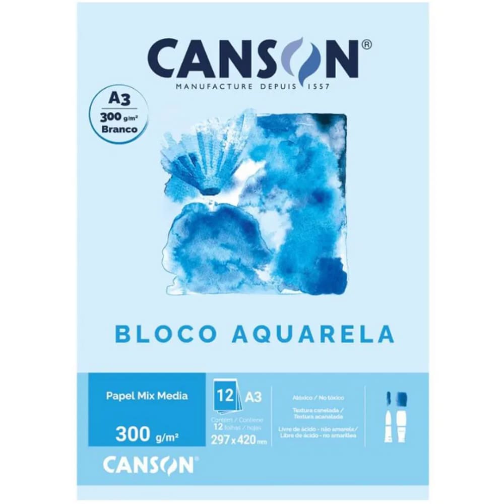 Bloco De Papel Aquarela BRANCO 300g - A3 12 Folhas - Canson