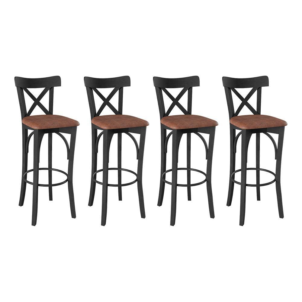 Conjunto 4 Banquetas Alta Merlim Preto Base em Madeira Maciça Assento Estofado Marrom