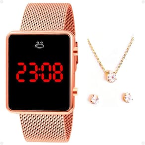 Relogio Feminino Digital Aço Inox + Brincos + Colar