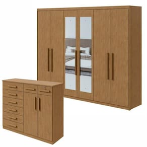 Conjunto de Guarda-Roupa 6 Portas com Espelho Áries e Cômoda Toronto Amêndoa Clean