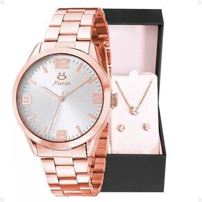 Relogio Feminino Aço Inox + Brincos + Colar Strass + Caixa