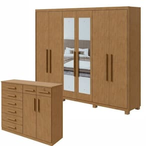Conjunto de Guarda-Roupa 6 Portas com Pés e Espelho Áries e Cômoda Toronto Amêndoa Clean