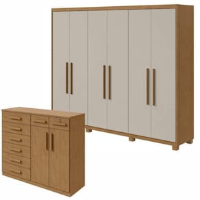 Conjunto de Guarda-Roupa 6 Portas com Pés Áries e Cômoda Toronto Amêndoa Clean/Off White