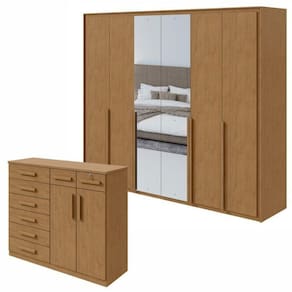 Conjunto de Guarda-Roupa 6 Portas com Espelho Imperatore com Cômoda Toronto Amêndoa Clean