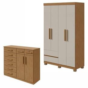 Conjunto de Guarda-Roupa 4 Portas 2 Gavetas Zeus com Pése Cômoda 8 Gavetas 2 Portas Toronto Amêndoa Clean/Off White