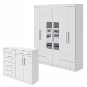 Conjunto de Guarda-Roupa Casal com Espelho 6 Portas 4 Gavetas Zeuse Cômoda Toronto Branco