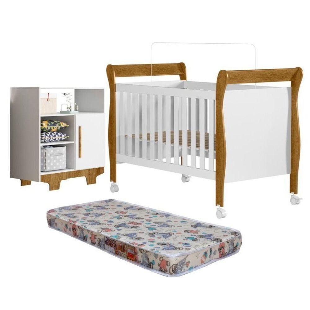 Quarto de Bebê com Berço Mini Cama com Colchão Slim e Cômoda 100% Mdf 1 Porta 3 Prateleiras Flocos Branco/Madeirado Ypê