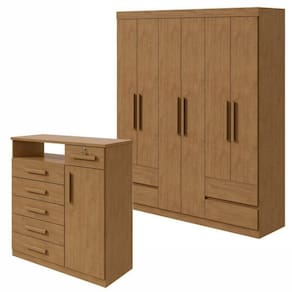 Conjunto de Guarda-Roupa 6 Portas 4 Gavetas Zeuse Cômoda 1 Porta 6 Gavetas 1 Nicho Da Vinci Amêndoa Clean