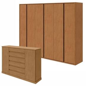 Conjunto de Guarda-Roupa Casal Leder 6 Portase Cômoda 2 Portas 7 Gavetas 3 Prateleiras Vedra Amêndoa Clean