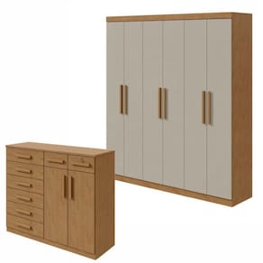 Conjunto de Guarda-Roupa 6 Portas Jazz e Cômoda Toronto Amêndoa Clean/Off White