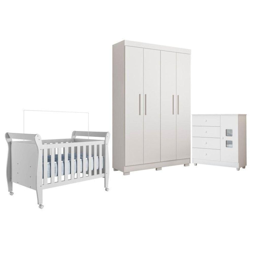 Quarto de Bebê com Berço Mini Cama, Cômoda 1 Porta 4 Gavetas e Roupeiro 4 Portas 3 Gavetas 100% Mdf Branco