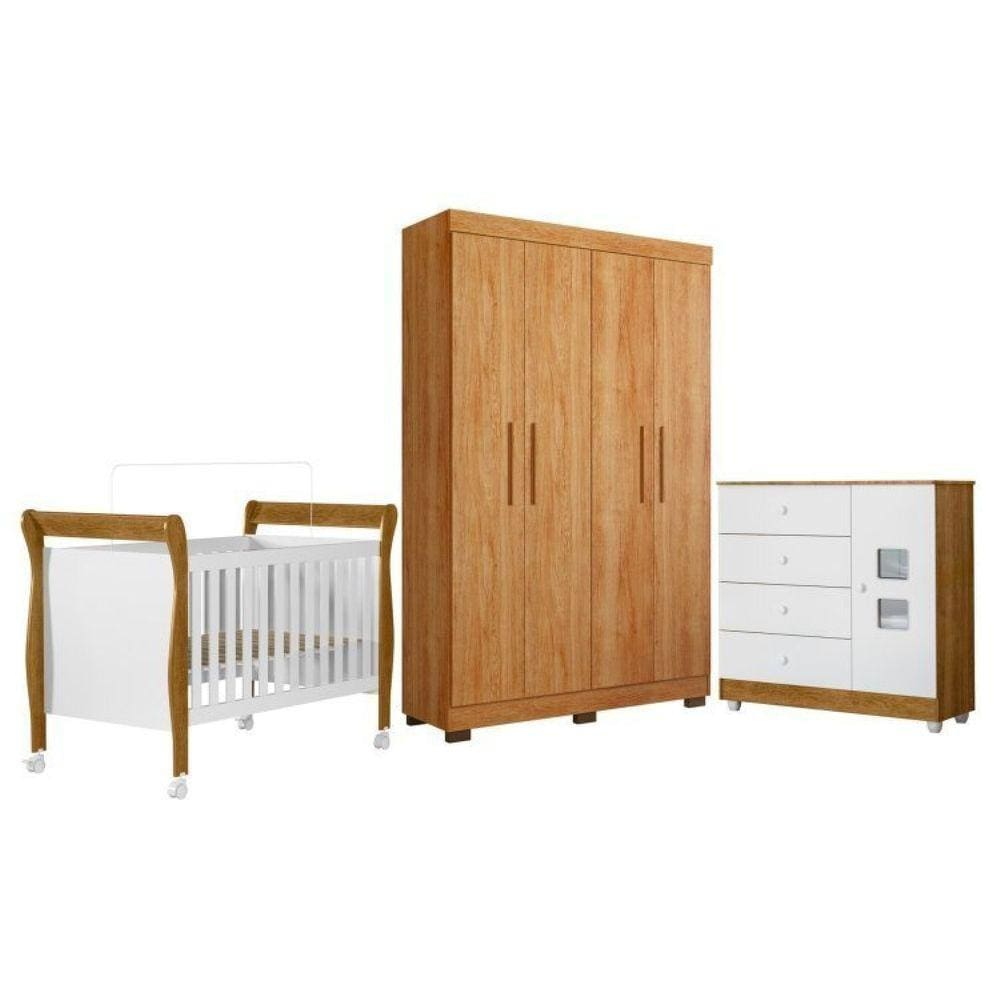 Quarto de Bebê com Berço Mini Cama, Cômoda 1 Porta 4 Gavetas e Roupeiro 4 Portas 3 Gavetas 100% Mdf Branco/Madeirado Ypê