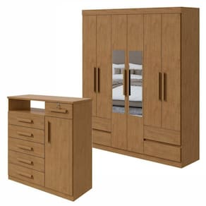 Conjunto de Guarda-Roupa 6 Portas 4 Gavetas Zeus com Espelhoe Cômoda com Nicho Da Vinci Amêndoa Clean