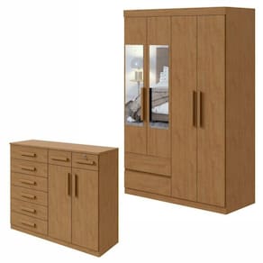 Conjunto de Guarda-Roupa 4 Portas 2 Gavetas Zeus com Espelhoe Cômoda 8 Gavetas 2 Portas Toronto Amêndoa Clean