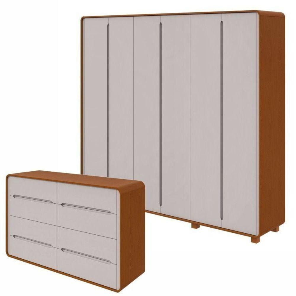 Conjunto de Guarda-Roupa Casal Loop 6 Portas com Pése Cômoda 8 Gavetas 152x48x96cm Loop Frassino/Off White