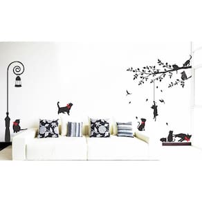 Adesivo Decorativo De Poste Com Gatos Brincando E Arvore