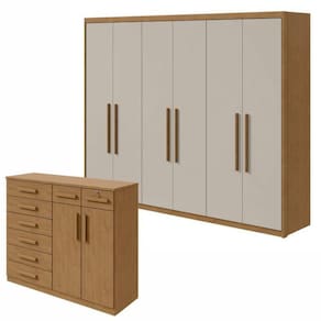 Conjunto de Guarda-Roupa 6 Portas Áries e Cômoda Toronto Amêndoa Clean/Off White