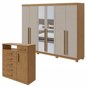 Conjunto de Guarda-Roupa com Espelho e Pés Bertha com Cômoda Da Vinci Amêndoa Clean/Off White