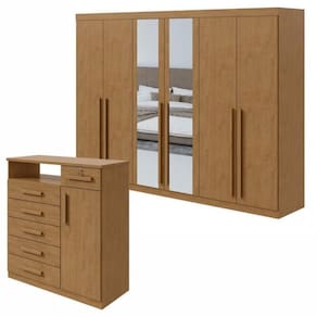 Conjunto de Guarda-Roupa 6 Portas com Espelho Bertha com Cômoda Da Vinci com Nicho Amêndoa Clean