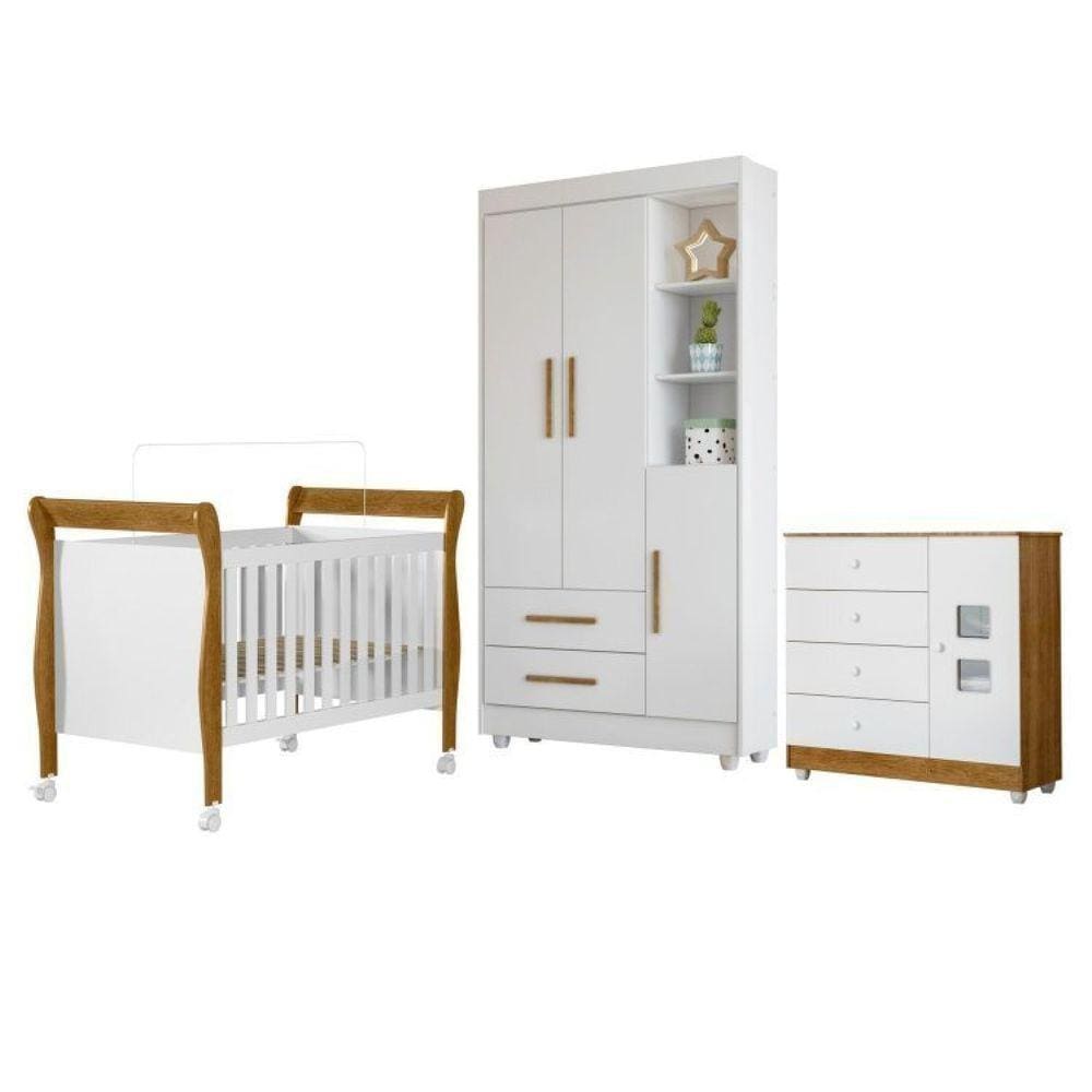 Quarto de Bebê com Berço Mini Cama, Cômoda 1 Porta 4 Gavetas e Roupeiro Flocos 3 Portas 2 Gavetas Branco/Madeirado Ypê